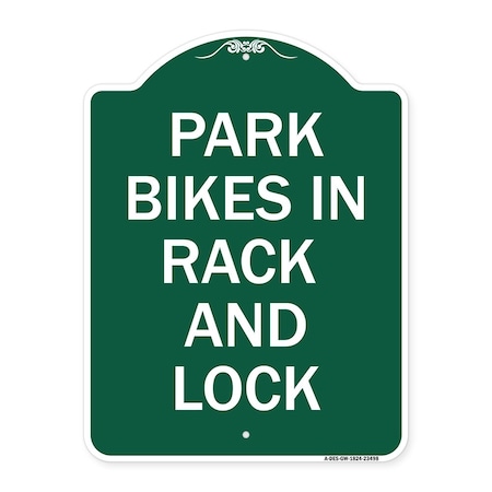 Signmission Park All Bikes in Rack and Lock Sign, Green & White Aluminum Sign, 18" x 24", GW-1824-23498 A-DES-GW-1824-23498